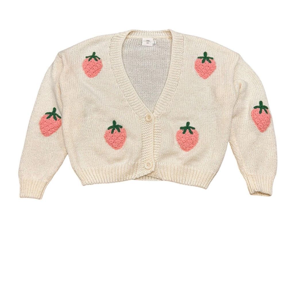 Luna Ivy Medium 3-D‎ Strawberry Cardigan Sweater White Oversized Cottagecore